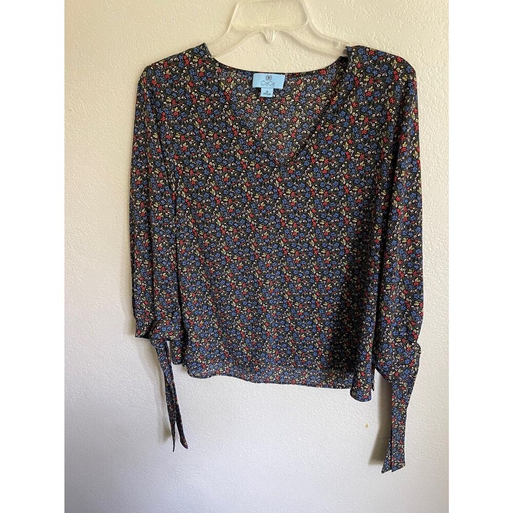 C&C‎ California Blouse Black Floral Long Sleeve Career Women Size Medium
